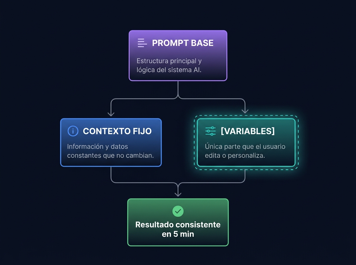Diagrama de flujo del sistema de 3 componentes de un prompt de IA: arriba el 'Prompt Base' (bloque violeta, se escribe una sola vez), que se bifurca hacia 'Contexto Fijo' (bloque azul, información constante sobre tu situación) y '[Variables]' (bloque teal con borde discontinuo, lo único que cambias cada semana). Ambas ramas convergen en una caja verde inferior: 'Resultado consistente en 5 min'. Fondo oscuro, estilo premium minimalista.